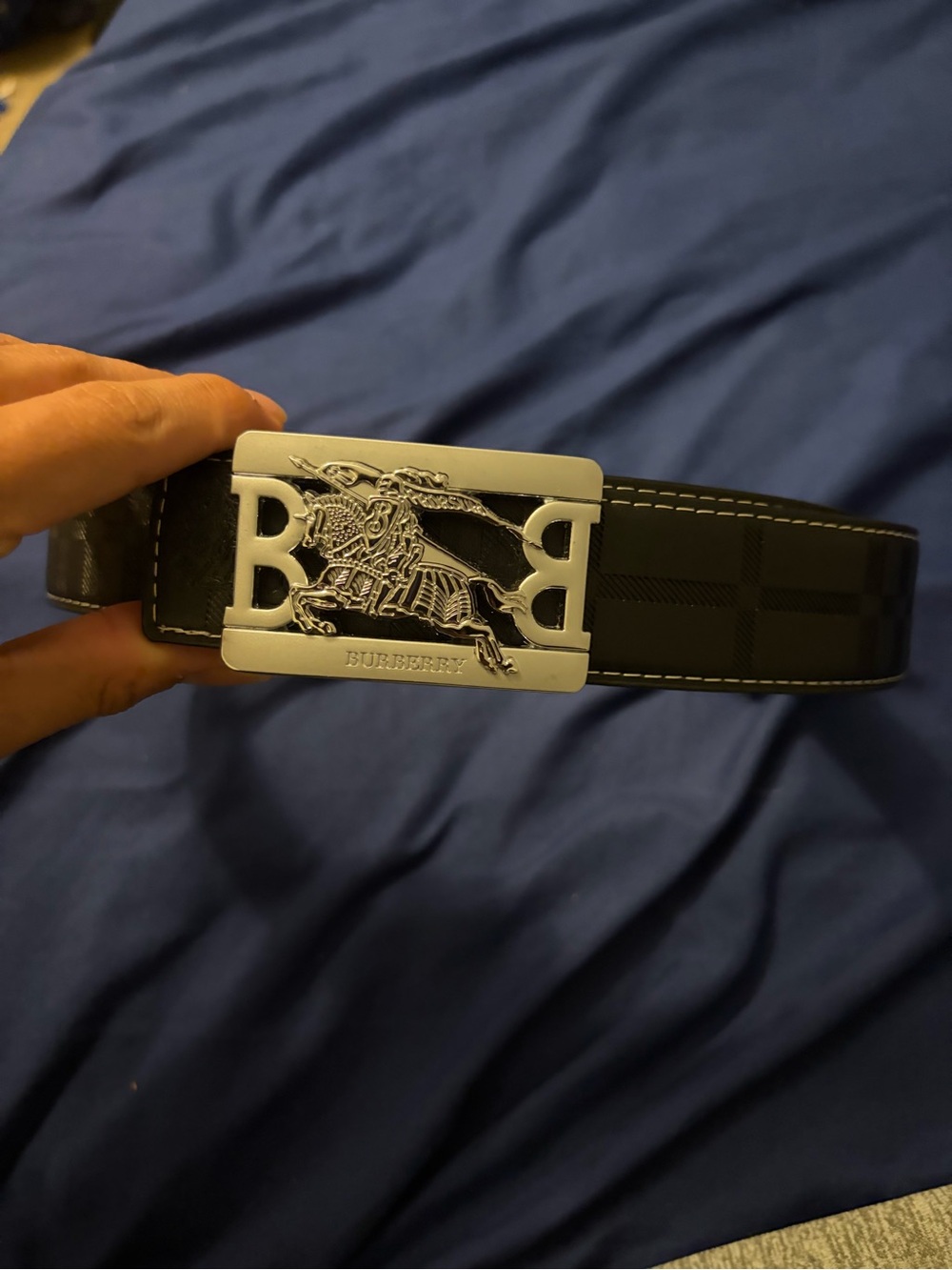 Burberry Black Plaid Leather Belt with Silver 'B'